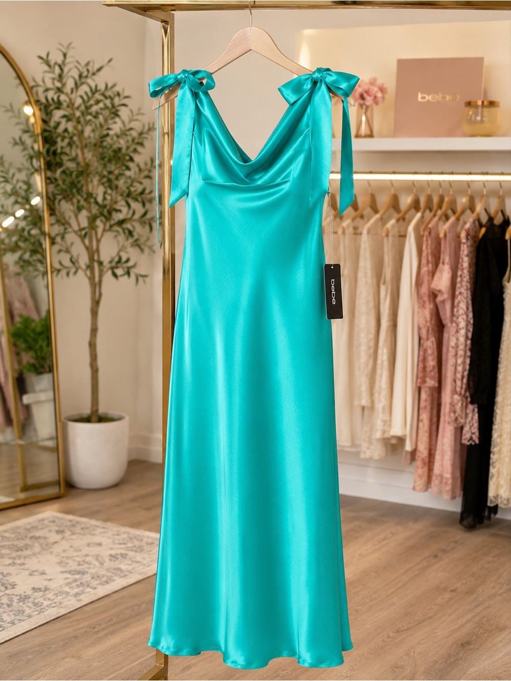 NWT BEBE BOW STRAP SATIN MIDI DRESS SIZE S